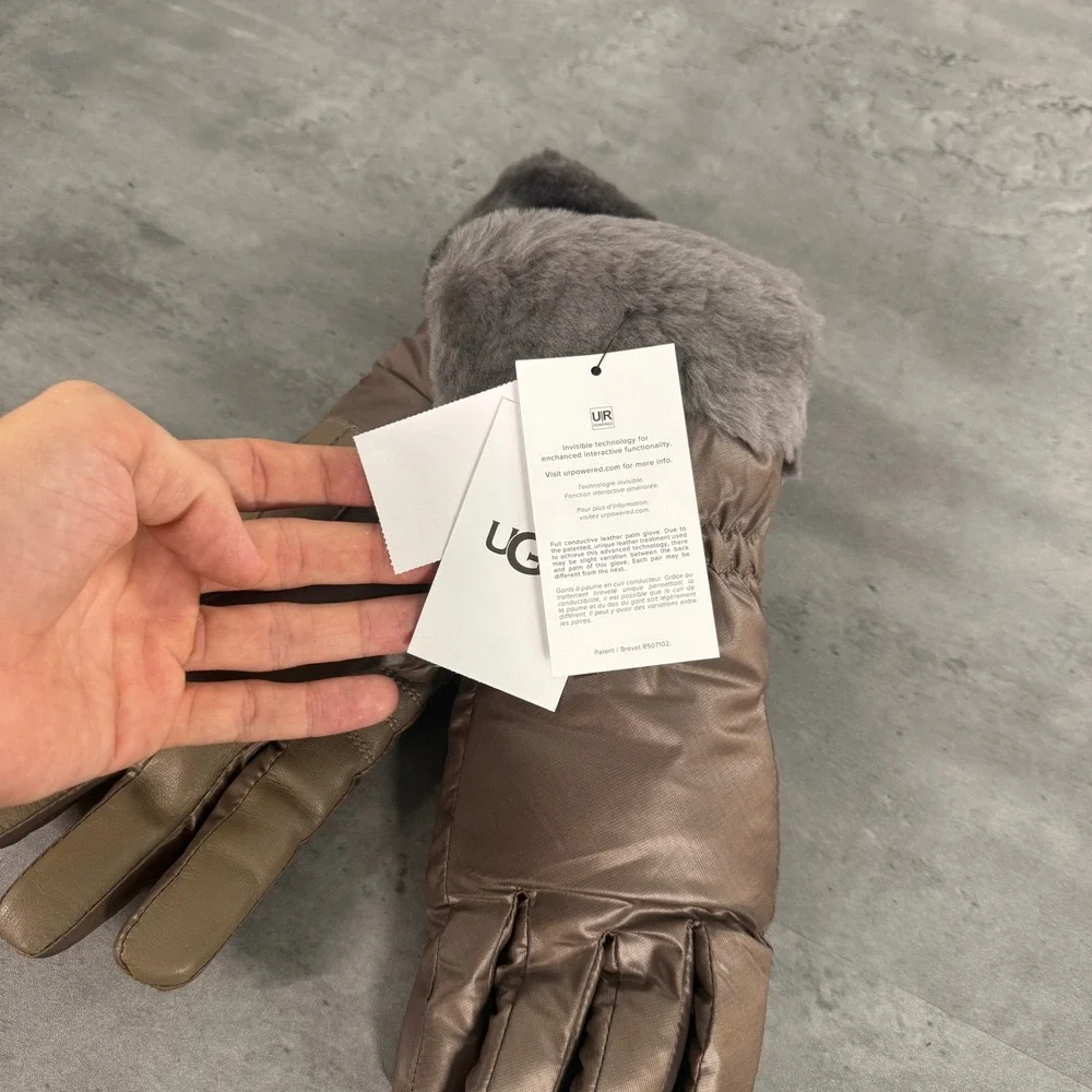 UGG Quilted Tech Gloves Women L/XL Stormy Grey Bronze Brown Shearling Leather
